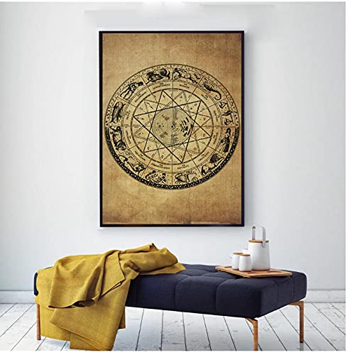 BINGJIACAI Misteriosa brujería cartel de la rueda del zodíaco Alchemy Canvas retro pintura de la pared arte impresión de imagen cocina sala de estar decoración del hogar-42x60cm sin marco